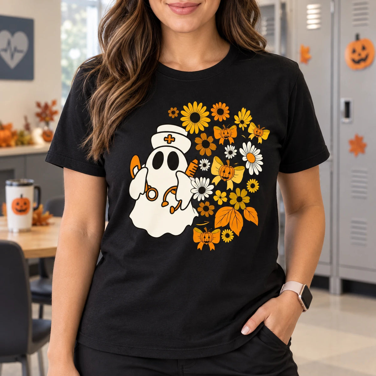 Halloween Nurse T-Shirt Cute Ghost Nurse Pumpkin Bow Stethoscope Syringe Fall Floral Nursing Tee