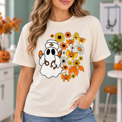 Halloween Nurse T-Shirt Cute Ghost Nurse Pumpkin Bow Stethoscope Syringe Fall Floral Nursing Tee