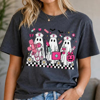 Halloween Nurse T-Shirt Cute Ghost Squad Medical Crew Women Retro Spooky Pink