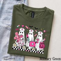 Halloween Nurse T-Shirt Cute Ghost Squad Medical Crew Women Retro Spooky Pink