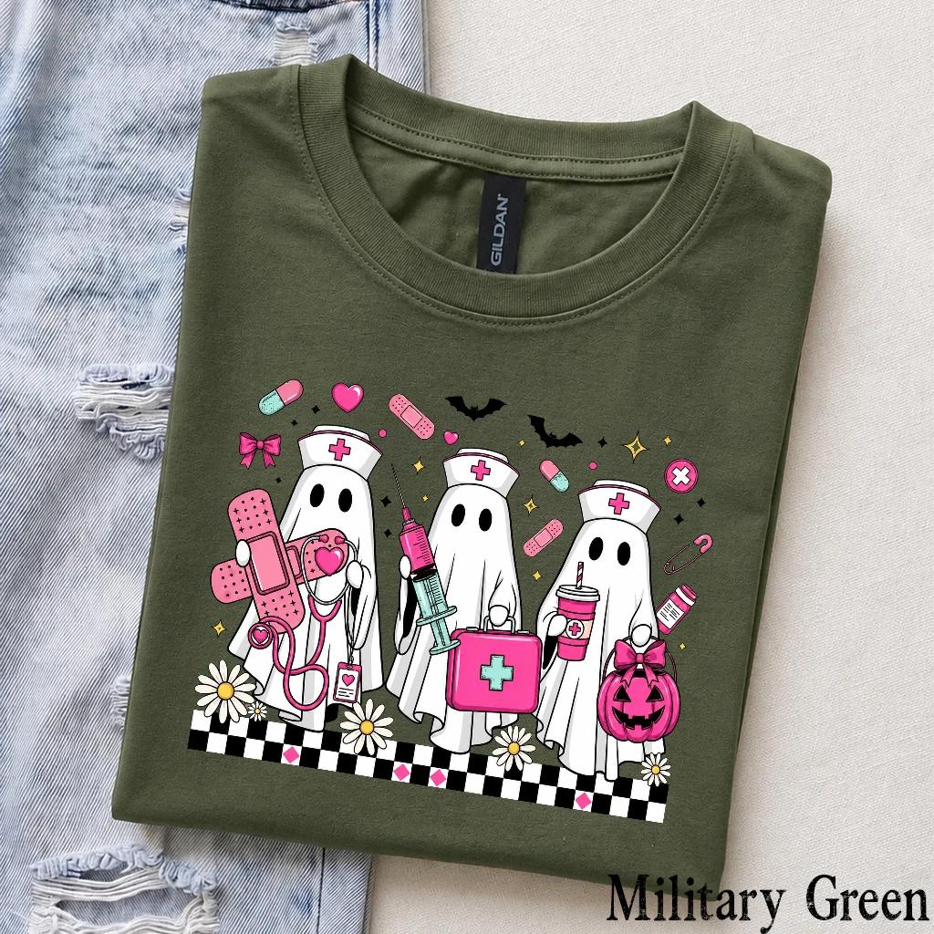 Halloween Nurse T-Shirt Cute Ghost Squad Medical Crew Women Retro Spooky Pink