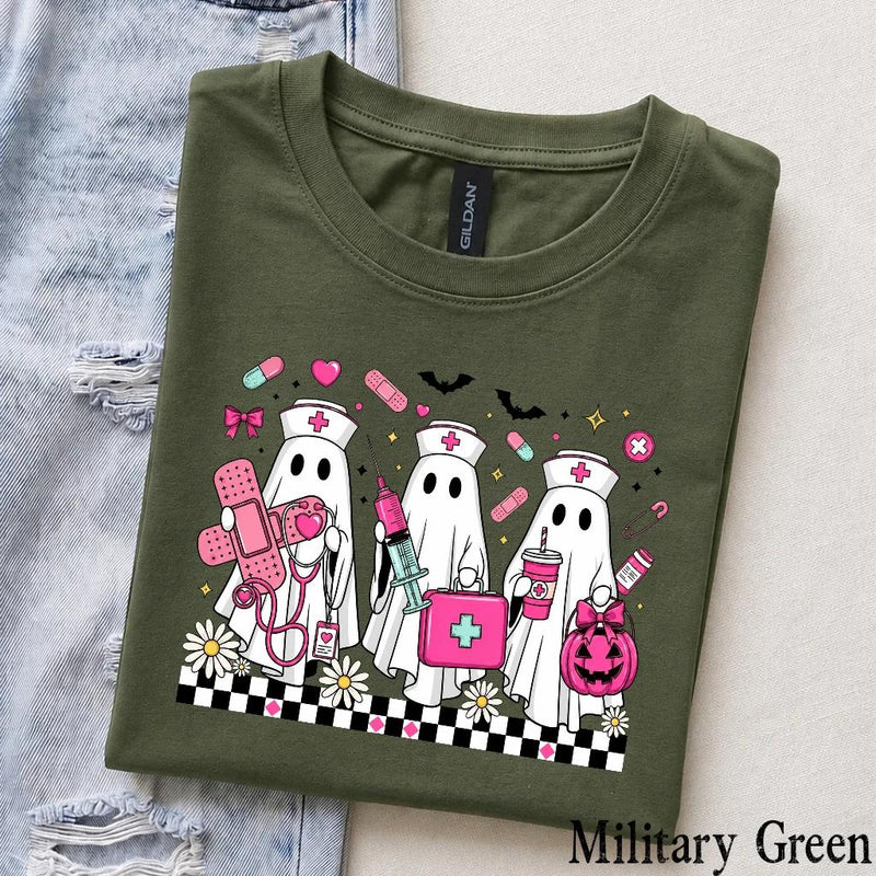 Halloween Nurse T-Shirt Cute Ghost Squad Medical Crew Women Retro Spooky Pink