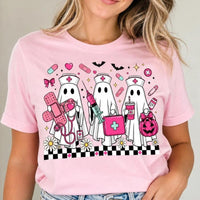 Halloween Nurse T-Shirt Cute Ghost Squad Medical Crew Women Retro Spooky Pink