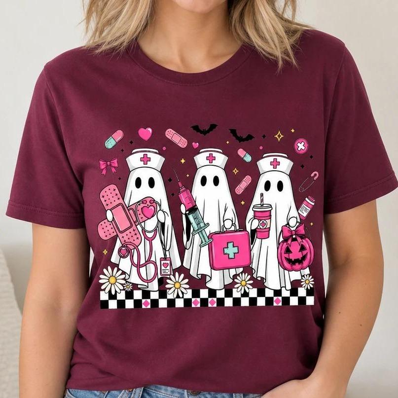Halloween Nurse T-Shirt Cute Ghost Squad Medical Crew Women Retro Spooky Pink