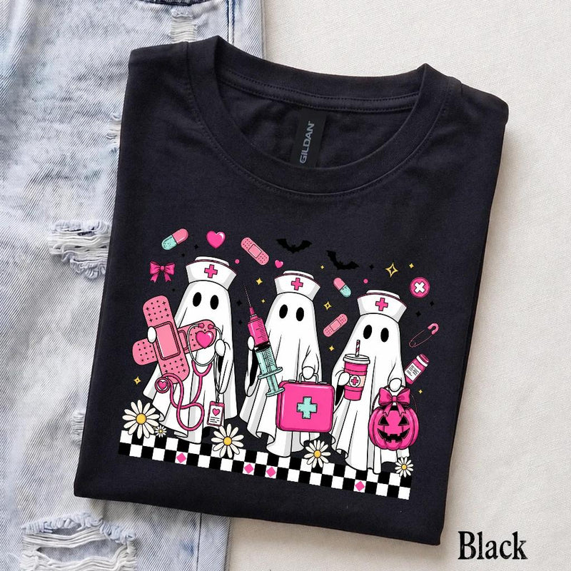Halloween Nurse T-Shirt Cute Ghost Squad Medical Crew Women Retro Spooky Pink