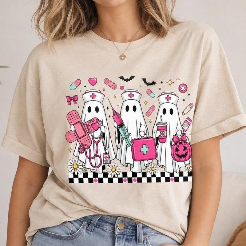 Halloween Nurse T-Shirt Cute Ghost Squad Medical Crew Women Retro Spooky Pink