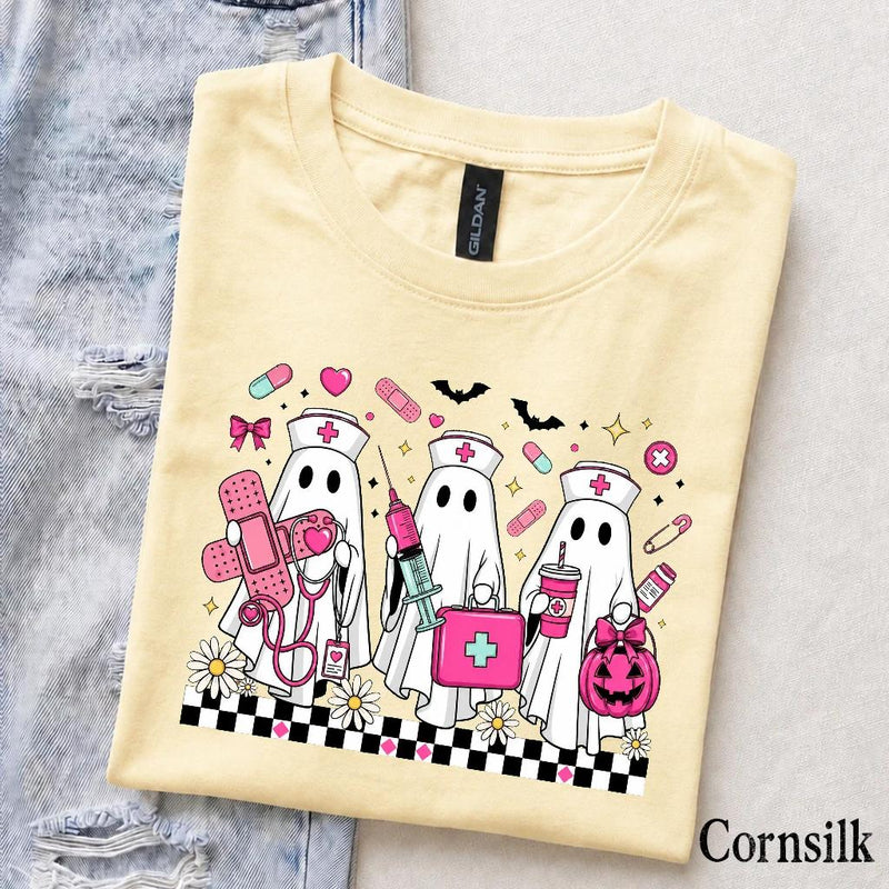 Halloween Nurse T-Shirt Cute Ghost Squad Medical Crew Women Retro Spooky Pink