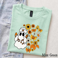 Halloween Nurse T-Shirt Ghost Nurse Floral Pumpkin Bow Halloween Nursing Women Cute Spooky Fall Design