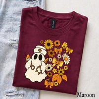 Halloween Nurse T-Shirt Ghost Nurse Floral Pumpkin Bow Halloween Nursing Women Cute Spooky Fall Design