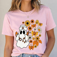 Halloween Nurse T-Shirt Ghost Nurse Floral Pumpkin Bow Halloween Nursing Women Cute Spooky Fall Design