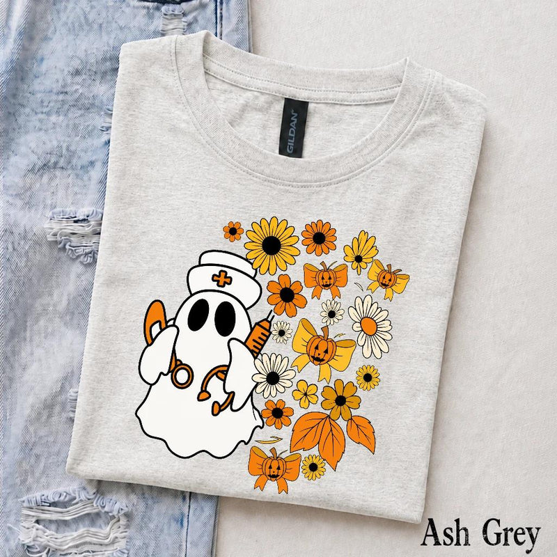 Halloween Nurse T-Shirt Ghost Nurse Floral Pumpkin Bow Halloween Nursing Women Cute Spooky Fall Design
