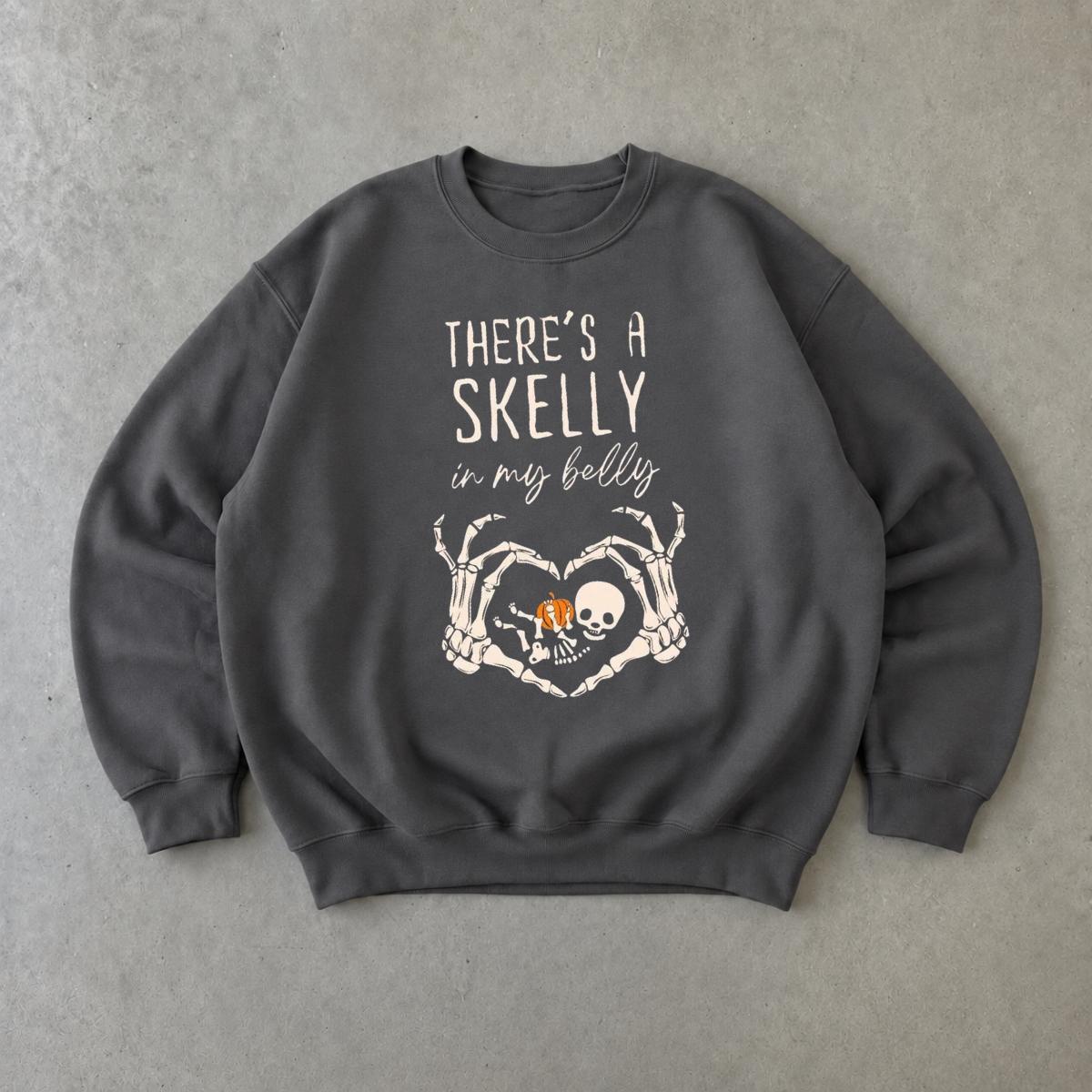 Halloween Pregnancy Sweatshirt There's A Skelly In My Belly Spooky Season Maternity Women Cute Skeleton Design