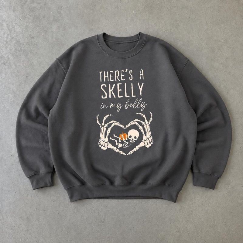 Halloween Pregnancy Sweatshirt There's A Skelly In My Belly Spooky Season Maternity Women Cute Skeleton Design