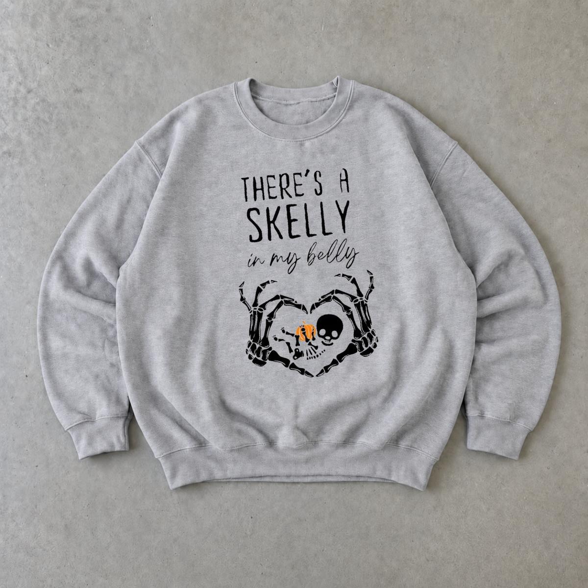 Halloween Pregnancy Sweatshirt There's A Skelly In My Belly Spooky Season Maternity Women Cute Skeleton Design