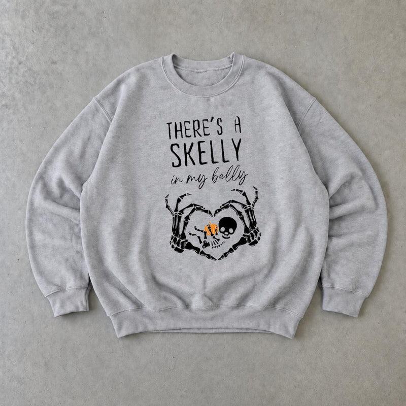 Halloween Pregnancy Sweatshirt There's A Skelly In My Belly Spooky Season Maternity Women Cute Skeleton Design