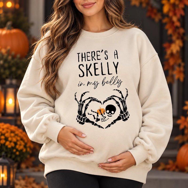 Halloween Pregnancy Sweatshirt There's A Skelly In My Belly Cute Spooky Maternity Skeleton