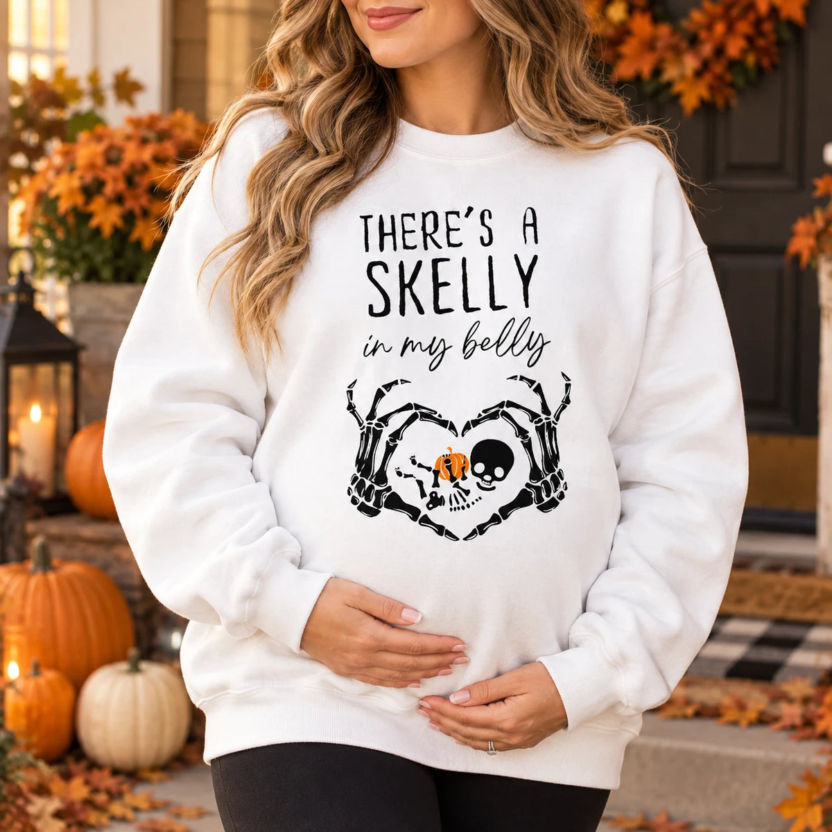 Halloween Pregnancy Sweatshirt There's A Skelly In My Belly Cute Spooky Maternity Skeleton