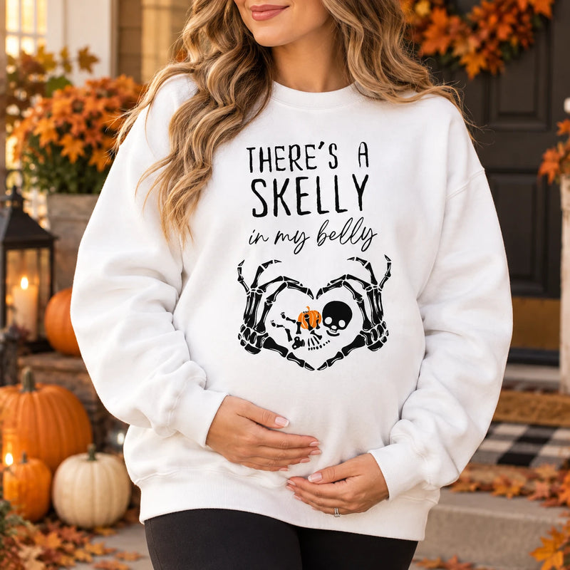 Halloween Pregnancy Sweatshirt There's A Skelly In My Belly Cute Spooky Maternity Skeleton