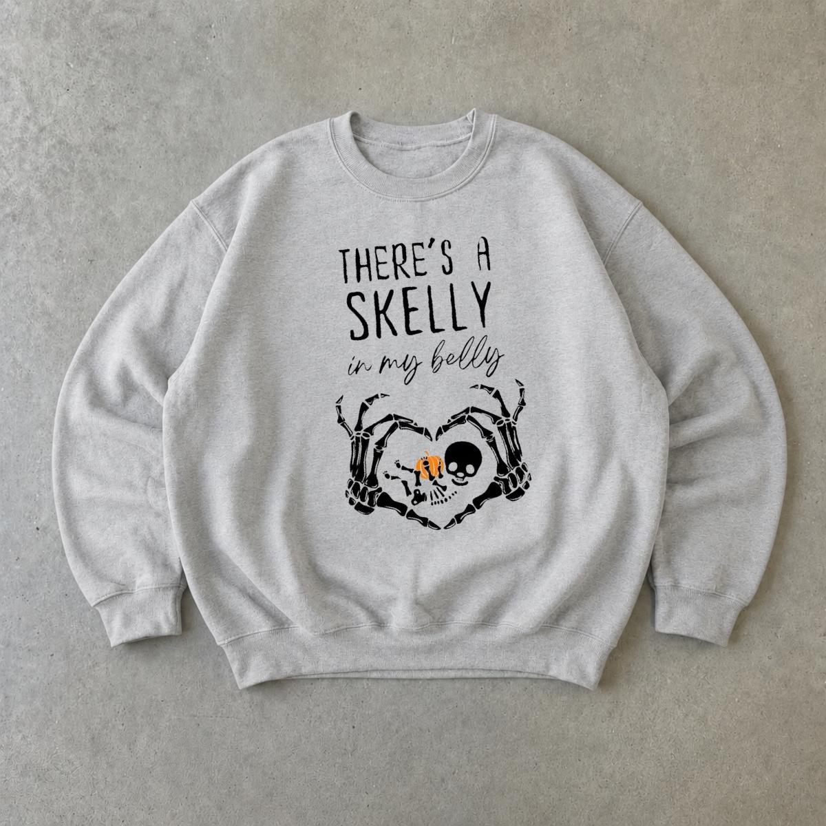 Halloween Pregnancy Sweatshirt There's A Skelly In My Belly Spooky Season Maternity Women Cute Skeleton Design