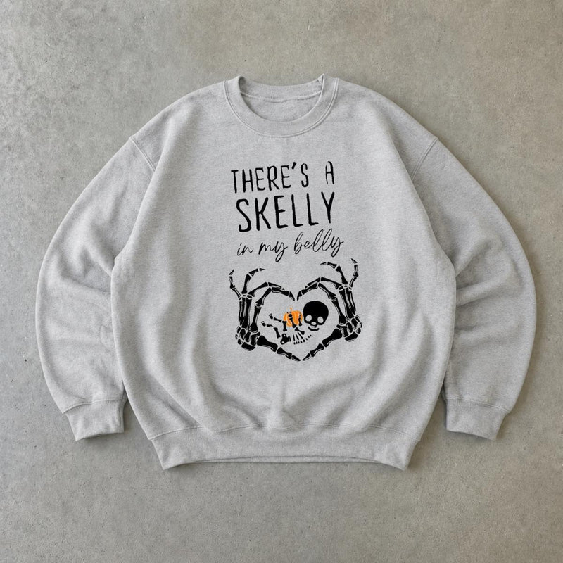Halloween Pregnancy Sweatshirt There's A Skelly In My Belly Spooky Season Maternity Women Cute Skeleton Design
