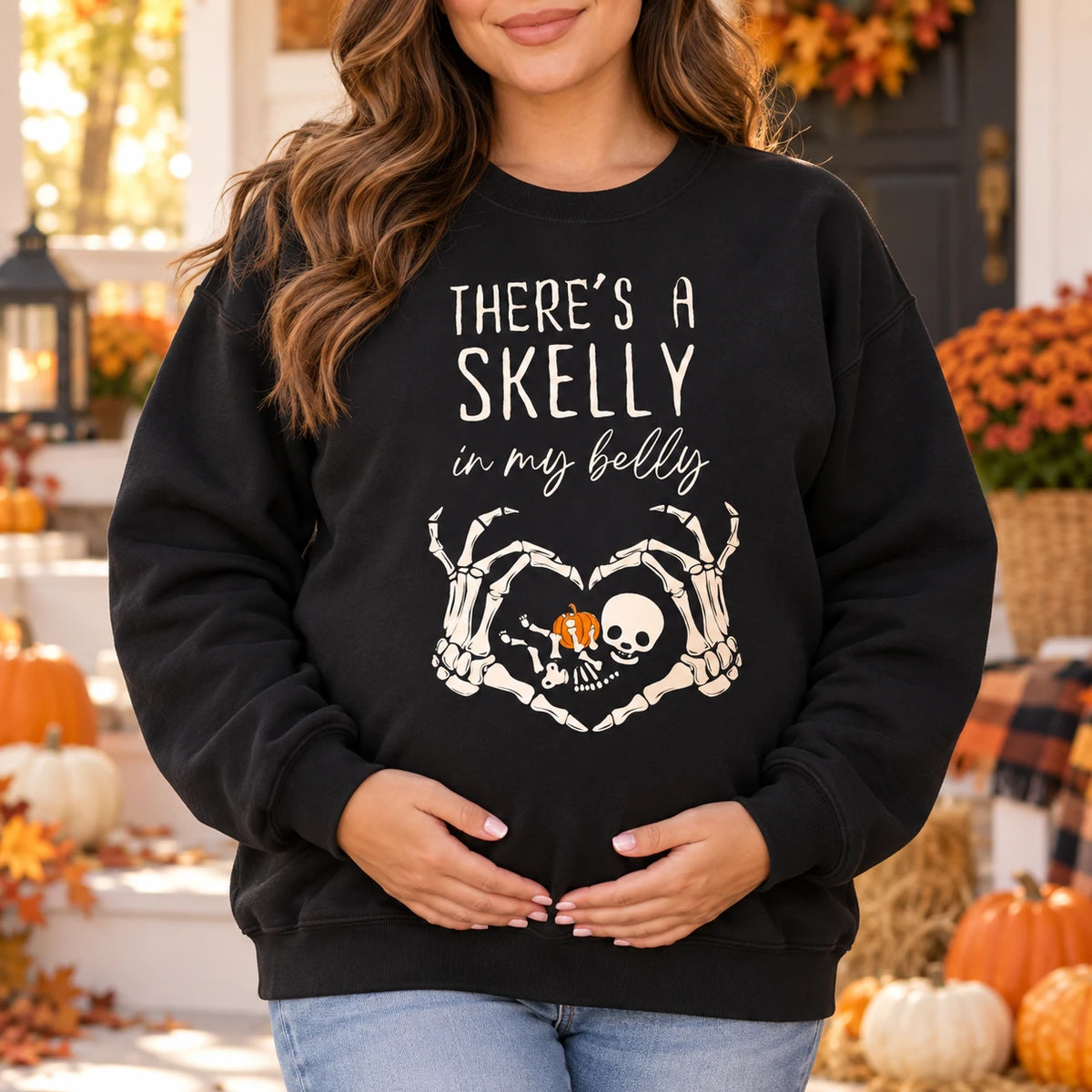 Halloween Pregnancy Sweatshirt There's A Skelly In My Belly Cute Spooky Maternity Skeleton