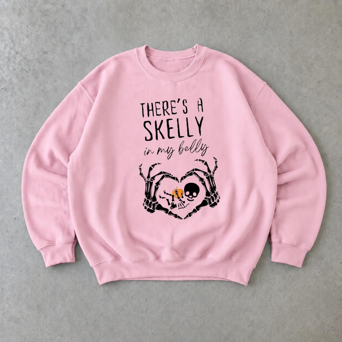 Halloween Pregnancy Sweatshirt There's A Skelly In My Belly Spooky Season Maternity Women Cute Skeleton Design