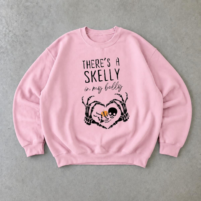 Halloween Pregnancy Sweatshirt There's A Skelly In My Belly Spooky Season Maternity Women Cute Skeleton Design
