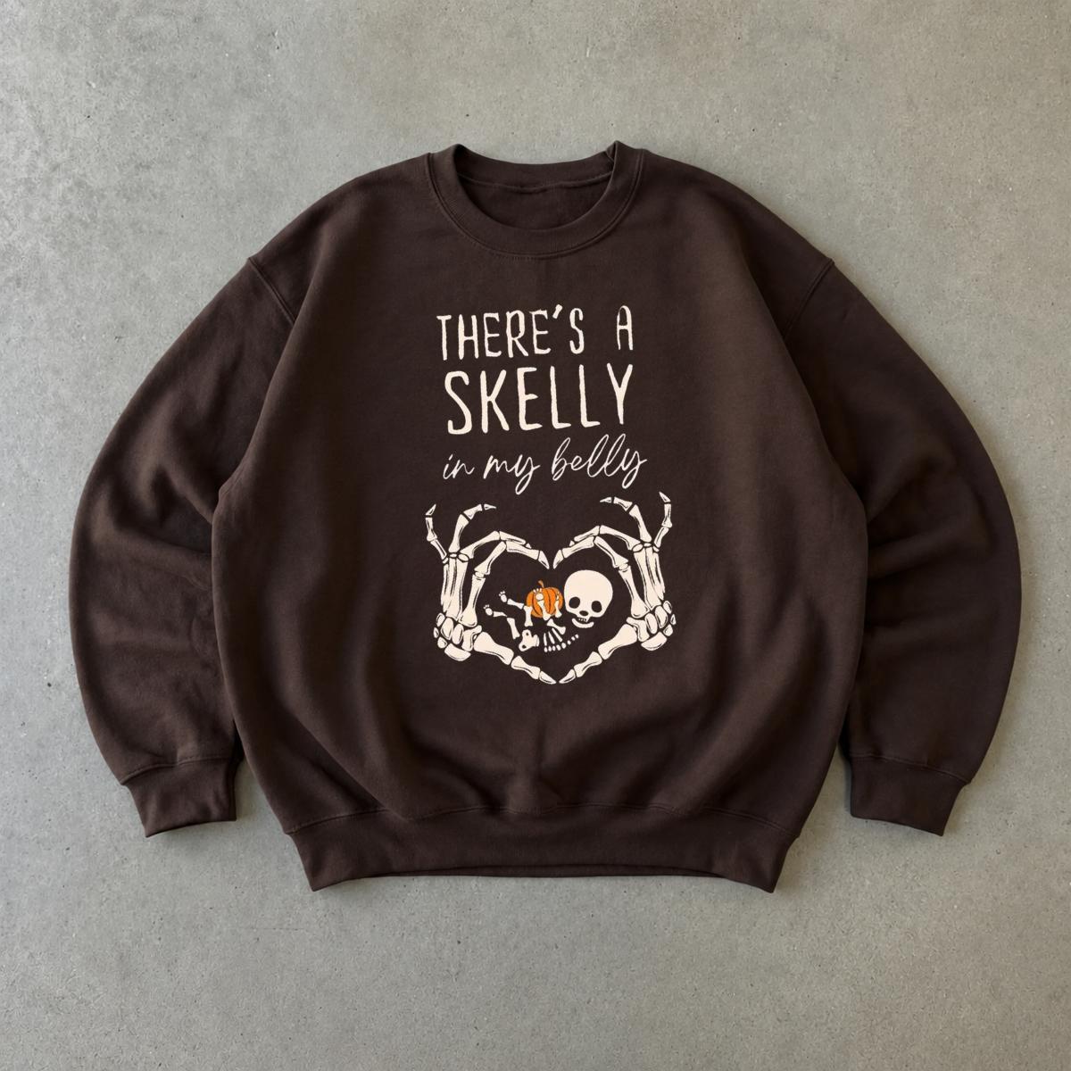 Halloween Pregnancy Sweatshirt There's A Skelly In My Belly Spooky Season Maternity Women Cute Skeleton Design