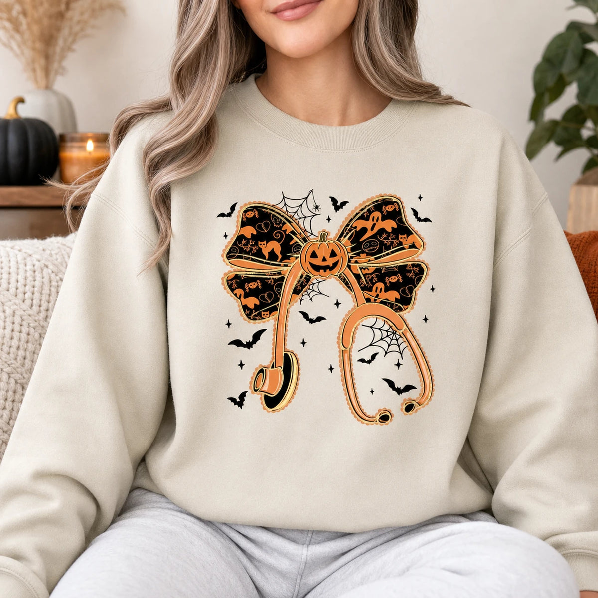 Halloween Pumpkin Bow Shirt, Cute Coquette Fall T-Shirt or Sweatshirt for Women, Spooky Ghost Bat Autumn Outfit
