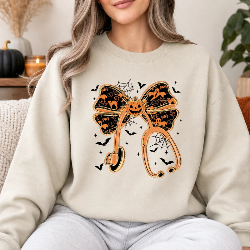 Halloween Pumpkin Bow Shirt, Cute Coquette Fall T-Shirt or Sweatshirt for Women, Spooky Ghost Bat Autumn Outfit