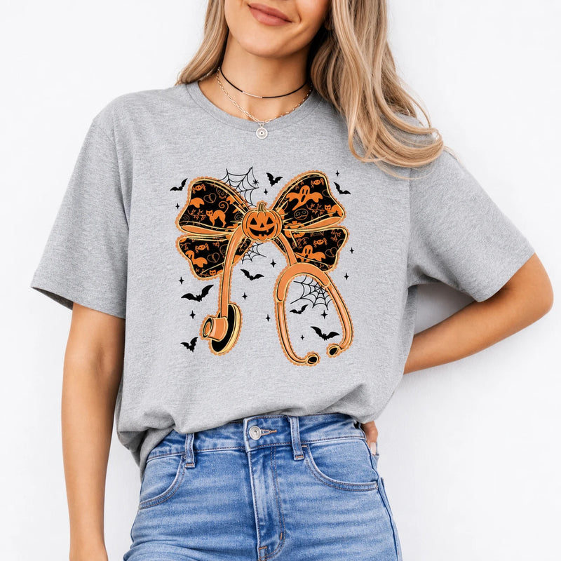 Halloween Pumpkin Bow Shirt, Cute Coquette Fall T-Shirt or Sweatshirt for Women, Spooky Ghost Bat Autumn Outfit