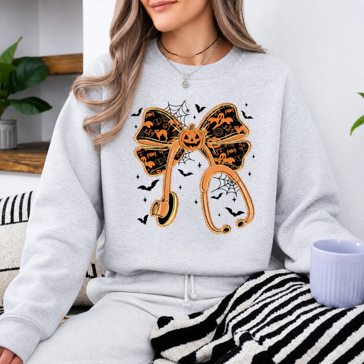 Halloween Pumpkin Bow Shirt, Cute Coquette Fall T-Shirt or Sweatshirt for Women, Spooky Ghost Bat Autumn Outfit