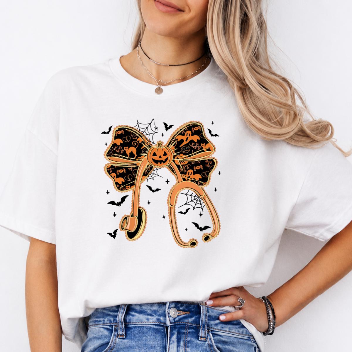 Halloween Pumpkin Bow Shirt, Cute Coquette Fall T-Shirt or Sweatshirt for Women, Spooky Ghost Bat Autumn Outfit