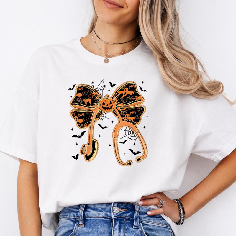 Halloween Pumpkin Bow Shirt, Cute Coquette Fall T-Shirt or Sweatshirt for Women, Spooky Ghost Bat Autumn Outfit