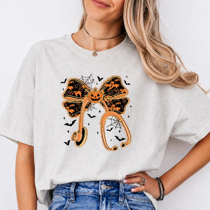 Halloween Pumpkin Bow Shirt, Cute Coquette Fall T-Shirt or Sweatshirt for Women, Spooky Ghost Bat Autumn Outfit