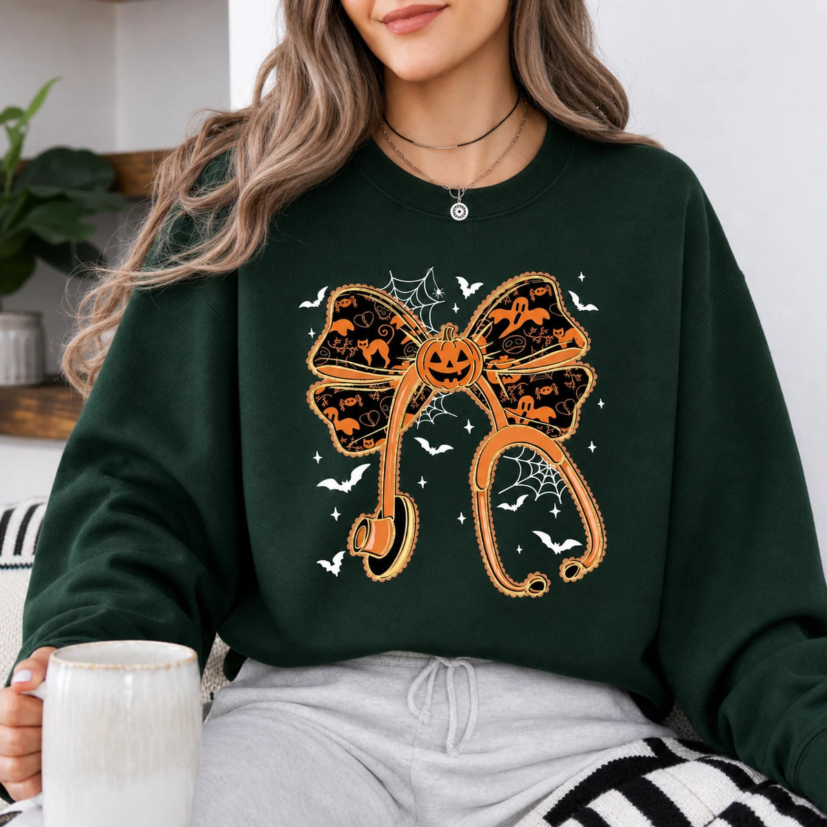 Halloween Pumpkin Bow Shirt, Cute Coquette Fall T-Shirt or Sweatshirt for Women, Spooky Ghost Bat Autumn Outfit