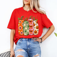 Halloween Pumpkin Sweatshirt and T-Shirt, Cute Ghost Pumpkin Graphic Tee, Floral Bow Jack O Lantern Shirt, Colorful Spooky Season Fall Gift for Women