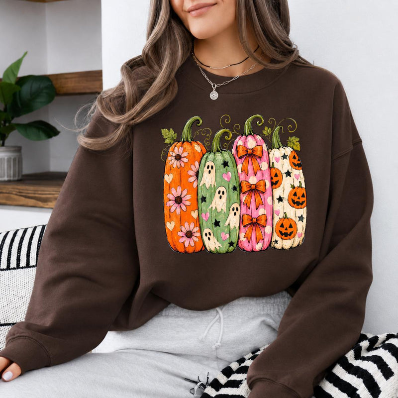 Halloween Pumpkin Sweatshirt and T-Shirt, Cute Ghost Pumpkin Graphic Tee, Floral Bow Jack O Lantern Shirt, Colorful Spooky Season Fall Gift for Women