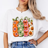 Halloween Pumpkin Sweatshirt and T-Shirt, Cute Ghost Pumpkin Graphic Tee, Floral Bow Jack O Lantern Shirt, Colorful Spooky Season Fall Gift for Women