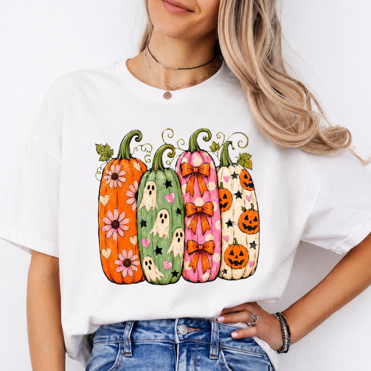 Halloween Pumpkin Sweatshirt and T-Shirt, Cute Ghost Pumpkin Graphic Tee, Floral Bow Jack O Lantern Shirt, Colorful Spooky Season Fall Gift for Women