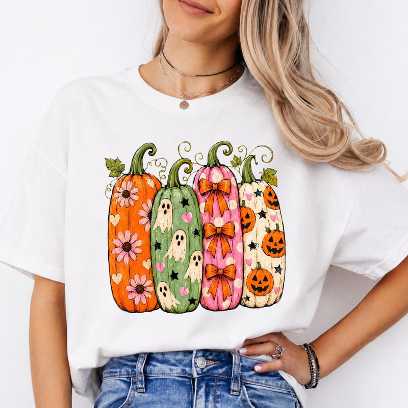 Halloween Pumpkin Sweatshirt and T-Shirt, Cute Ghost Pumpkin Graphic Tee, Floral Bow Jack O Lantern Shirt, Colorful Spooky Season Fall Gift for Women