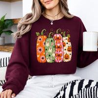 Halloween Pumpkin Sweatshirt and T-Shirt, Cute Ghost Pumpkin Graphic Tee, Floral Bow Jack O Lantern Shirt, Colorful Spooky Season Fall Gift for Women