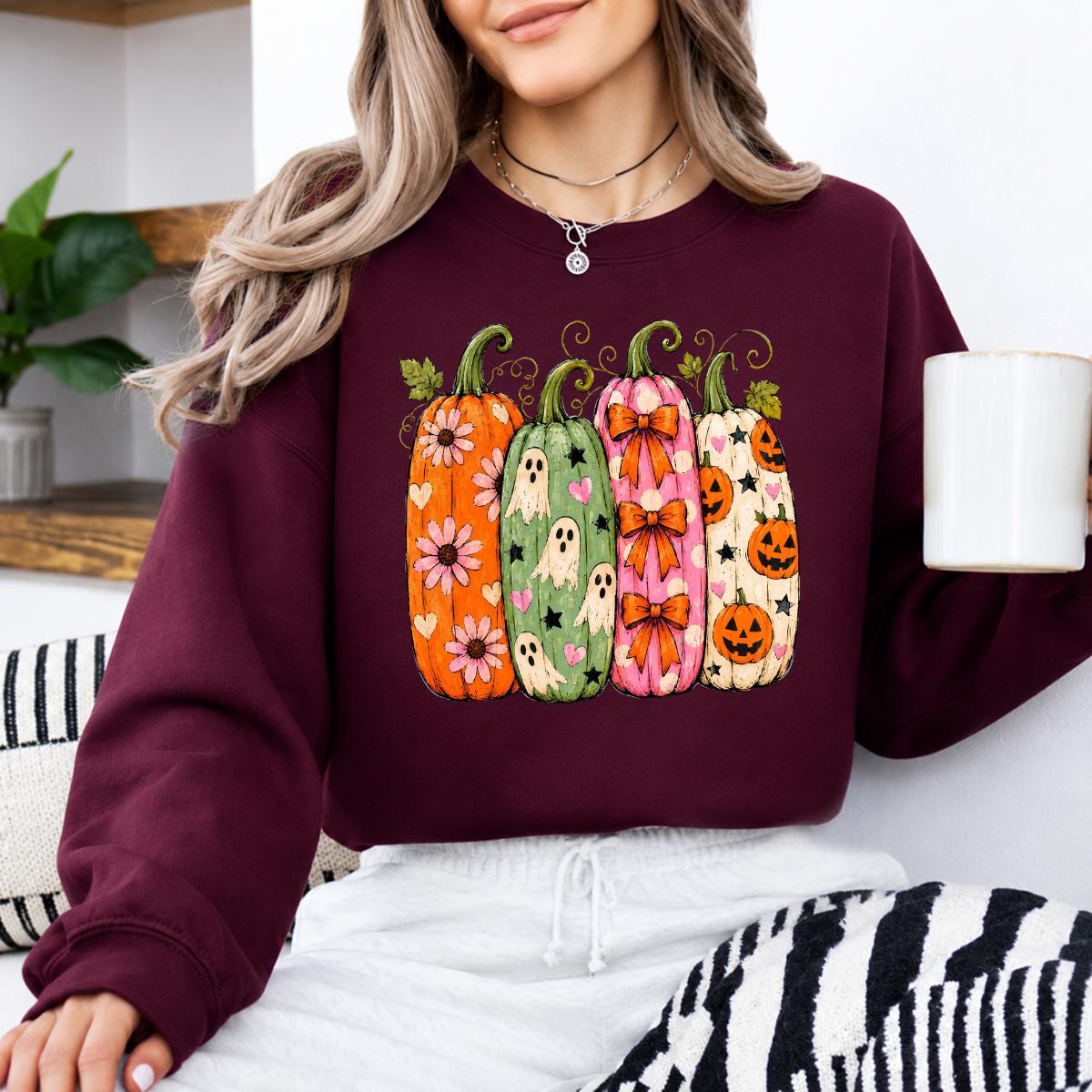 Halloween Pumpkin Sweatshirt and T-Shirt, Cute Ghost Pumpkin Graphic Tee, Floral Bow Jack O Lantern Shirt, Colorful Spooky Season Fall Gift for Women