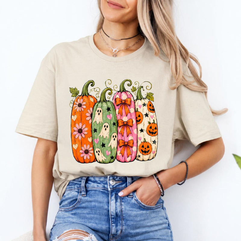 Halloween Pumpkin Sweatshirt and T-Shirt, Cute Ghost Pumpkin Graphic Tee, Floral Bow Jack O Lantern Shirt, Colorful Spooky Season Fall Gift for Women