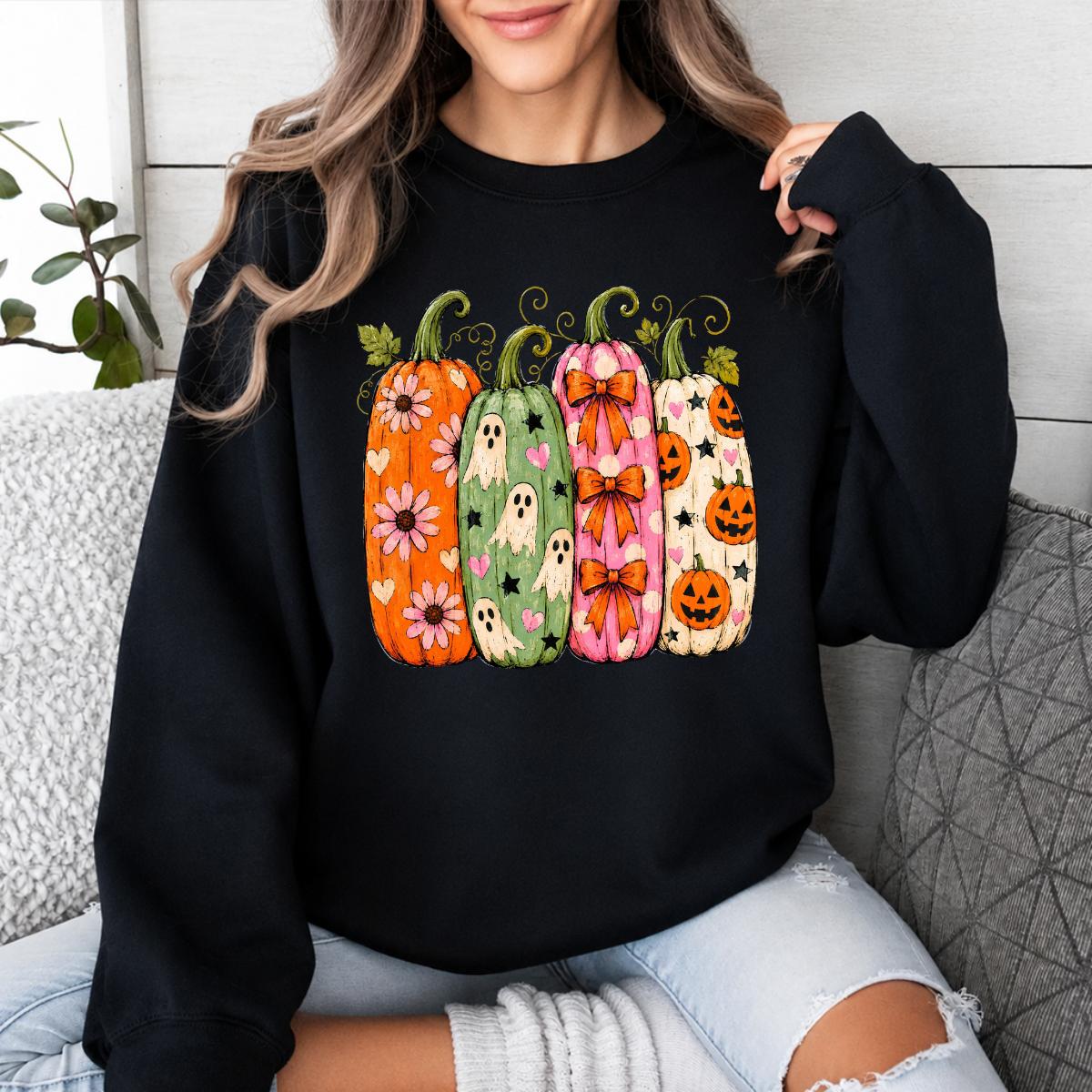 Halloween Pumpkin Sweatshirt and T-Shirt, Cute Ghost Pumpkin Graphic Tee, Floral Bow Jack O Lantern Shirt, Colorful Spooky Season Fall Gift for Women