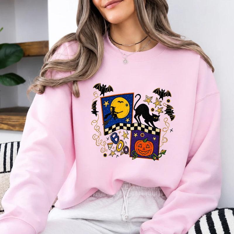 Halloween Sweatshirt Boo Cat Moon Spooky Season Women Cute Doodle Design