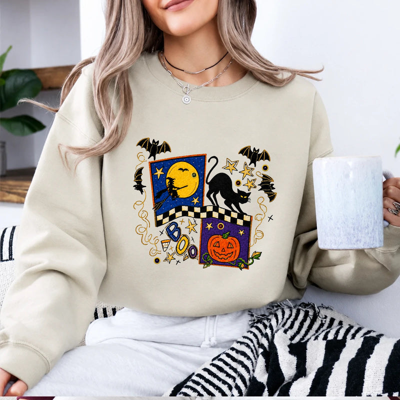 Halloween Sweatshirt Boo Cat Moon Spooky Season Women Cute Doodle Design
