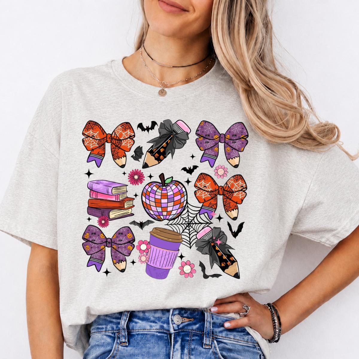 Halloween Teacher T-Shirt Spooky Bow Pencil Disco Apple Halloween Classroom Women Cute Coquette