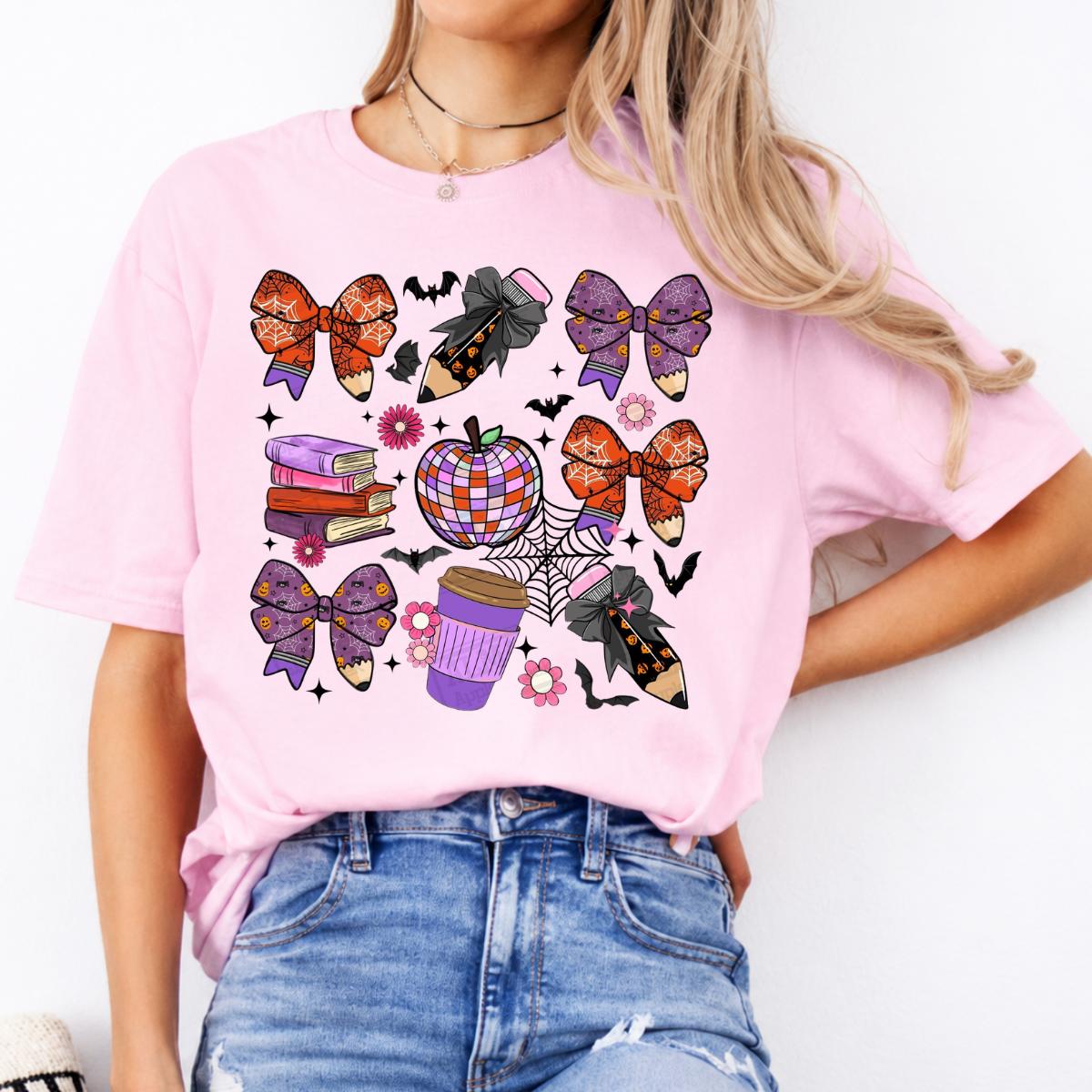Halloween Teacher T-Shirt Spooky Bow Pencil Disco Apple Halloween Classroom Women Cute Coquette