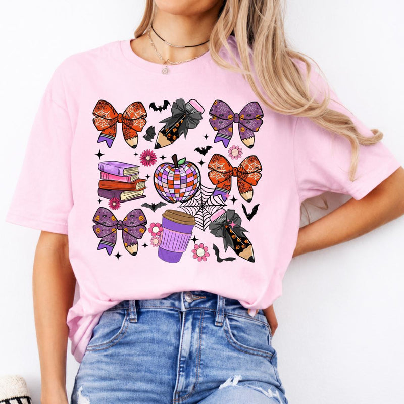 Halloween Teacher T-Shirt Spooky Bow Pencil Disco Apple Halloween Classroom Women Cute Coquette